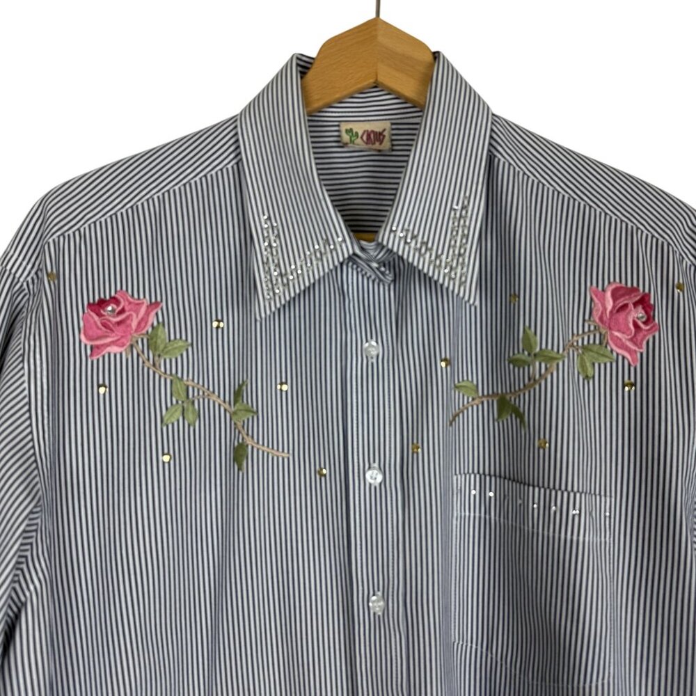 Cactus California Vtg 90s Shirt Women’s L/XL Blue White Stripe Embroidered Rose - Picture 2 of 14